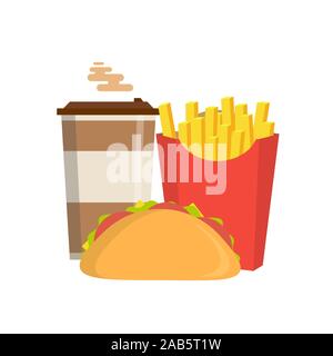 Pranzo con patatine fritte, sandwich e il caffè da asporto su sfondo isolato. Fast food. Design piatto. Illustrazione Vettoriale