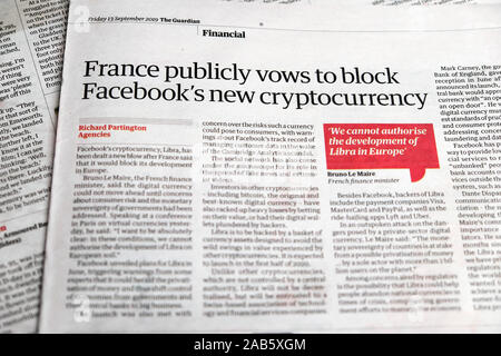 "Francia pubblicamente i voti per bloccare Facebook è di nuovo cryptocurrency' quotidiano Guardian headline pagina interna 13 settembre 2019 Londra Inghilterra REGNO UNITO Foto Stock
