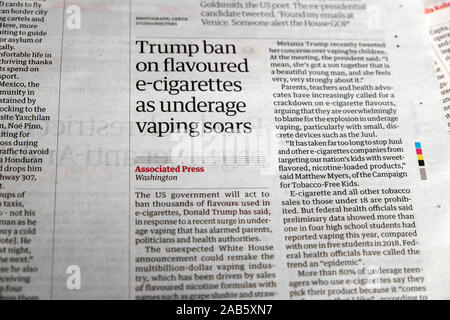 "Trump divieto di aromatizzati e-sigarette come minorenne svetta vaping' all'interno della pagina articolo nel quotidiano Guardian Londra Inghilterra Regno Unito 13 Settembre 2019 Foto Stock