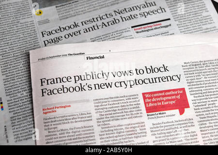 "Francia pubblicamente i voti per bloccare Facebook è di nuovo cryptocurrency' quotidiano Guardian headline pagina interna 13 settembre 2019 Londra Inghilterra REGNO UNITO Foto Stock