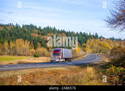 Rosso scuro cofano classic American big rig semi carrello con scarico verticale tubi per il trasporto refrigerato semi ondulato rimorchio con frigorifero onu Foto Stock