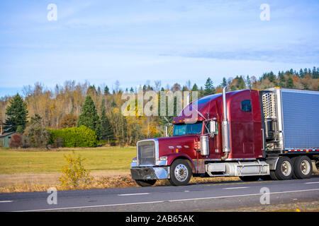 Rosso scuro cofano classic American big rig semi carrello con scarico verticale tubi per il trasporto refrigerato semi ondulato rimorchio con frigorifero onu Foto Stock