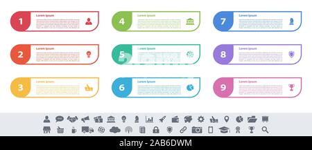 Infografico business design concept illustrazione vettoriale con 9 opzioni o le fasi o processi rappresentano il flusso di lavoro o schema o il pulsante web banner Illustrazione Vettoriale