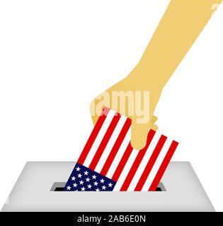 American votare urne con mano umana con bandiera americana illustrazione vettoriale. Illustrazione Vettoriale