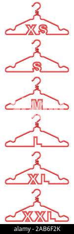 Panno di filo appendiabiti con segni di dimensione XS, S, M, L, XL e XXL 3D render illustrazione isolati su sfondo bianco Foto Stock