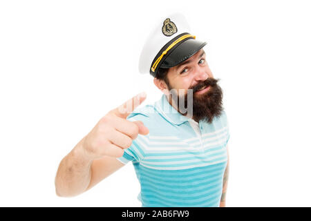 Sailor spirito nato libero. Barbuto marinaio isolato su bianco. Sailor o punto di marinaio dito. Lavoro come marinaio. Professional mariner. Navy e marine. Barca a vela. Inizia l'avventura. Foto Stock