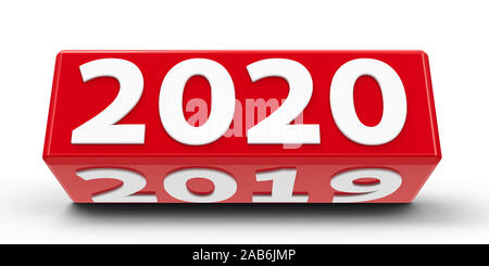 Il cubo rosso (cuboide) con 2019-2020 modifica su un tavolo bianco rappresenta la nuova 2020, tridimensionale, rendering 3D illustrazione Foto Stock