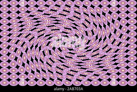 Digital tracciata flower ruotato in una interminabile pattern su uno sfondo nero e un'illusione ottica Foto Stock