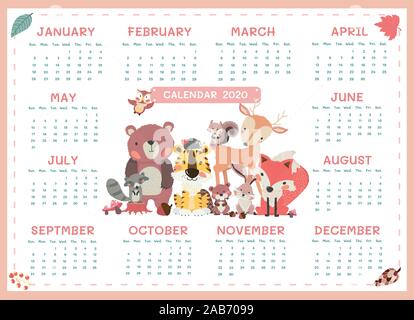 Calendario 2020 formato a3 simpatici animali del bosco minimalismo annualmente Illustrazione Vettoriale