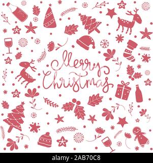 Natale doodle icona elemento di sfondo. set di carino appartamento illustation Christmas Icona, decorazioni di Natale, seamless Patterns per il messaggio di saluto stampabile Illustrazione Vettoriale