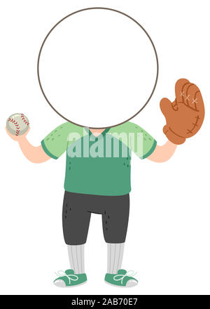 Illustrazione di un ragazzo di capretto con testa modello indossano uniformi da baseball e guanti e tenendo una palla Foto Stock