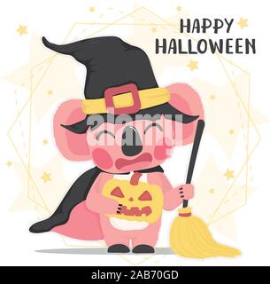 Graziosi animali rosa felice koala in halloween costume strega con la scopa, happy Halloween, piatto vettore animale cartoon Illustrazione Vettoriale
