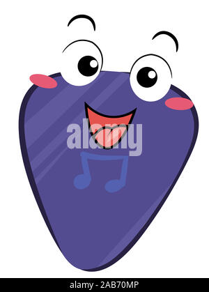 Illustrazione di una chitarra Pick mascotte sorridente con note musicali stampati su di essa Foto Stock