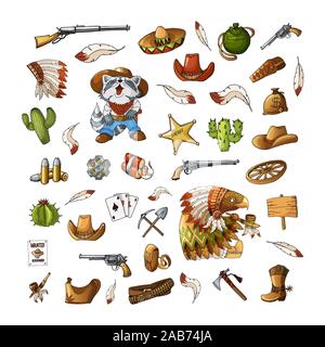 Vettore disegnati a mano del selvaggio west elementi indiani set figurine illustrazione Illustrazione Vettoriale