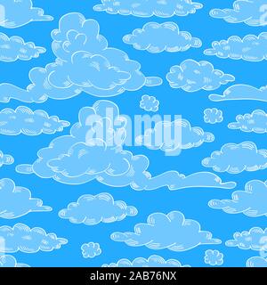 Blue seamless pattern con disegnati a mano le nuvole. Carino delineare doodle elementi. Illustrazione Vettoriale. Illustrazione Vettoriale