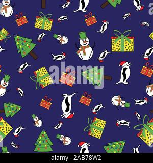 Carino il vettore pattern seamless sfondo con pupazzi di neve , pinguini con cappelli di Babbo Natale e colorato presenta. Illustrazione Vettoriale