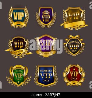 Set di vip oro monogrammi per progettazione grafica su sfondo grigio. Illustrazione Vettoriale