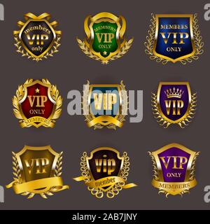 Set di vip oro monogrammi per progettazione grafica su sfondo grigio. Illustrazione Vettoriale