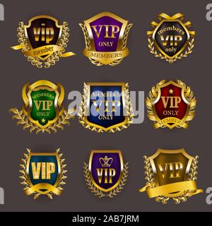 Set di vip oro monogrammi per progettazione grafica su sfondo grigio. Illustrazione Vettoriale