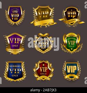 Set di vip oro monogrammi per progettazione grafica su sfondo grigio. Illustrazione Vettoriale