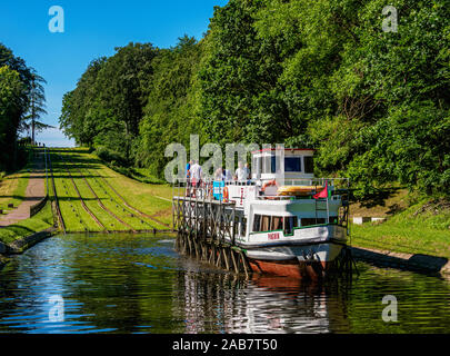 Imbarcazione turistica in base a piano inclinato in Buczyniec, Elblag Canal, Warmian-Masurian voivodato, Polonia, Europa Foto Stock