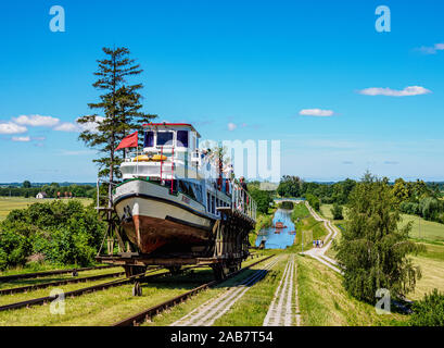 Imbarcazione turistica in base a piano inclinato in Jelenie, Elblag Canal, Warmian-Masurian voivodato, Polonia, Europa Foto Stock