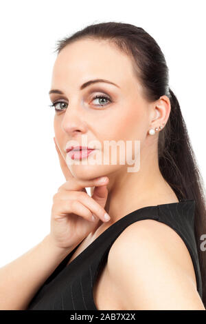 Eine huebsche Geschaeftsfrau vor weissem Hintergrund Foto Stock