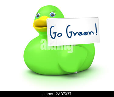 Eine gruene Badeente Mit einem Schild, auf dem die Worte "Go Green!' geschrieben stehen Foto Stock