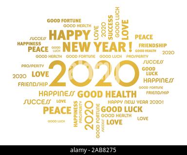 Parole di saluto intorno alla nuova data dell'anno 2020, colorati in oro, isolato su bianco. Word cloud auguri. Illustrazione Vettoriale