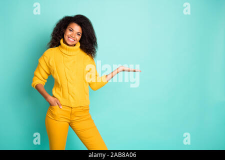 Ritratto di lei bella attraente trendy ondulata allegro-ragazza dai capelli in maglione caldo azienda oggetto invisibile su palm isolate su luminose Foto Stock