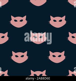 Modello senza giunture di gatto rosa testine su sfondo scuro. Illustrazione Vettoriale. Silhouette di animali. Carta da parati e tessuti nel design e il decor. Illustrazione Vettoriale