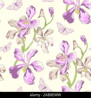 Vector seamless pattern con orchidee e farfalle Foto Stock
