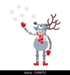Funny renne di santa claus in sciarpa, stivali e guanti di catture di fiocchi di neve. Illustrazione Vettoriale