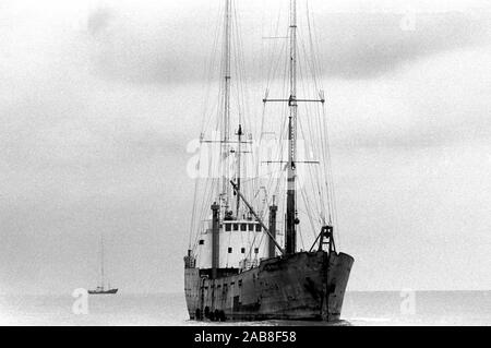 Stazione radio pirata radio laser 558 off shore la costa di Felixstowe Suffolk 1980 UK. Radio laser e a distanza radio Caroline, entrambe le navi si trovano in acque internazionali nel Mare del Nord. 1984 Inghilterra HOMER SYKES Foto Stock