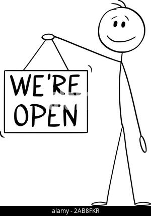 Vector cartoon stick figura disegno illustrazione concettuale dell'uomo o imprenditore azienda siamo aperti insegna. Illustrazione Vettoriale