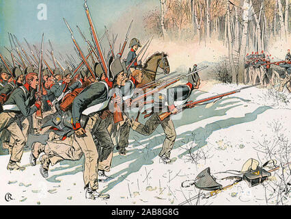 Battaglia di EYLAU 7/8 febbraio 1807. Le truppe francesi attaccano i russi in un legno Foto Stock