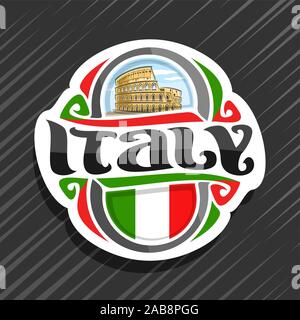 Il logo del vettore per l'Italia, frigo magnete con bandiera italiana, spazzola originale carattere tipografico per parola italia e simbolo italiano - antica pietra miliare romano col Illustrazione Vettoriale