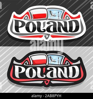 Il logo del vettore per la Polonia paese, frigo magnete con bandiera polacca, spazzola originale carattere tipografico per word Polonia e simboli polacco - Sigismondo la colonna in guerra Illustrazione Vettoriale