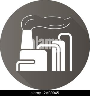 Fabbrica di fumo con design piatto lungo ombra icona. Aria Industriale dell'inquinamento. Vettore simbolo silhouette Illustrazione Vettoriale