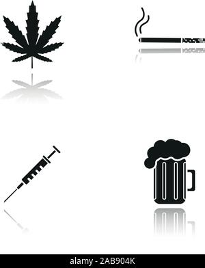 Le cattive abitudini ombra nera set di icone. Foglia di marijuana, sigarette con fumo, siringa, birra schiumosa di vetro. Farmaci, fumo e alcol dipendenza. Isolat Illustrazione Vettoriale