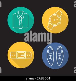 Abbigliamento uomo lineare piana lunga ombra set di icone. Maglietta ripiegata con cravatta, orologio da polso, cintura in cuoio e calzature classiche. Linea del vettore dei simboli Illustrazione Vettoriale