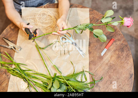 Fioraio tagli con forbici fiori una rosa durante la legatura del mazzo Foto Stock