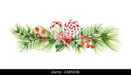Acquerello ghirlanda di Natale con pino rami, caramelle e bacche rosse. Dipinto a mano illustrazione isolato su bianco per il nuovo anno biglietti di auguri Foto Stock