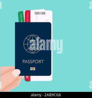Mano che tiene i biglietti di imbarco del documento di viaggio. carta di imbarco e passaporto in mano. concetto di viaggio. controllo personalizzato concetto. Vettore cartoon piana il Foto Stock