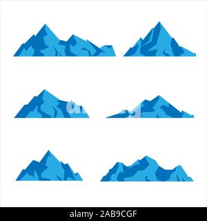 Insieme di montagne icona forme in varie rock e hill. isolato su sfondo bianco. Vettore cartoon piatta illustrazione per siti web e bann Foto Stock