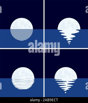 Vettore di impostare lo sfondo del mare, luna piena di notte. illustrazione della diversa riflessione della luce della luna in oceano ondulata acqua senza stelle nel buio sk Illustrazione Vettoriale