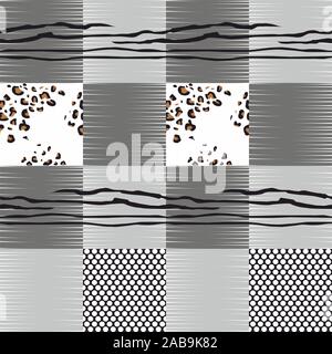 Nero e bianco moderno mosaico collage pelle animale mescolati con disegno geometrico,leopard,zebra,polka dot. - Vettore Illustrazione Vettoriale