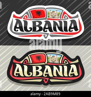 Il logo del vettore per paese Albania, frigo magnete con stato albanese bandiera, spazzola originale carattere tipografico per word albania e nazionale simbolo albanese - San Illustrazione Vettoriale