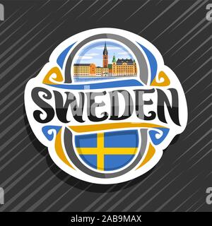 Il logo del vettore per la Svezia paese, frigo magnete con bandiera svedese, spazzola originale carattere tipografico per word in Svezia e simbolo svedese - Chiesa di Riddarholmen in S Illustrazione Vettoriale