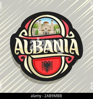 Il logo del vettore per paese Albania, frigo magnete con stato albanese bandiera, spazzola originale carattere tipografico per word albania e nazionale simbolo albanese - San Illustrazione Vettoriale